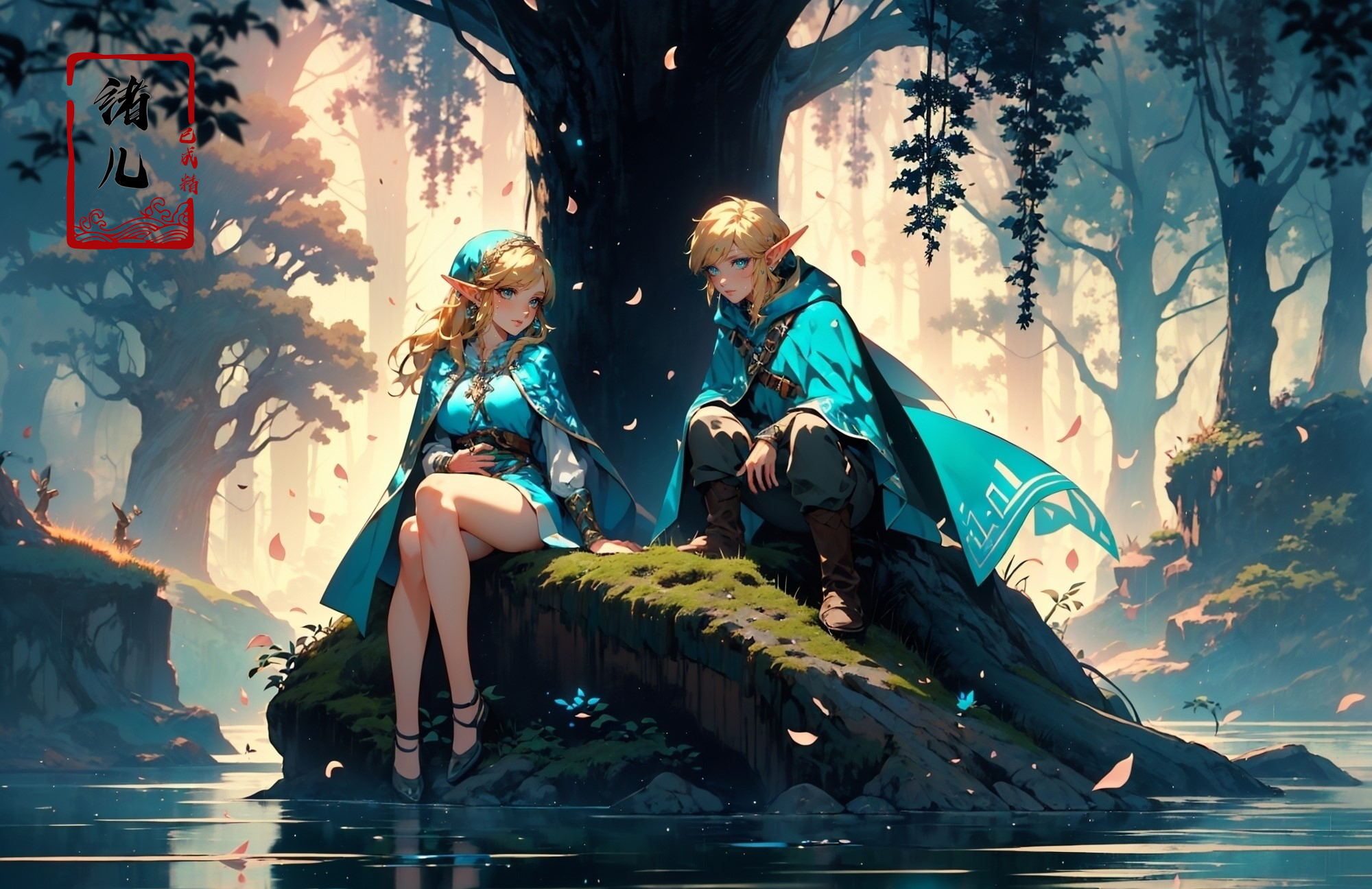 606247209521969072-2623785019-legend of zelda link between forest and ice, in the style of romantic illustrations, goblin academia, green and bronze, romantic.jpg
